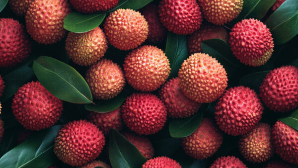 Top view of ripe lychees with green leaves on natural background in 16:9 format