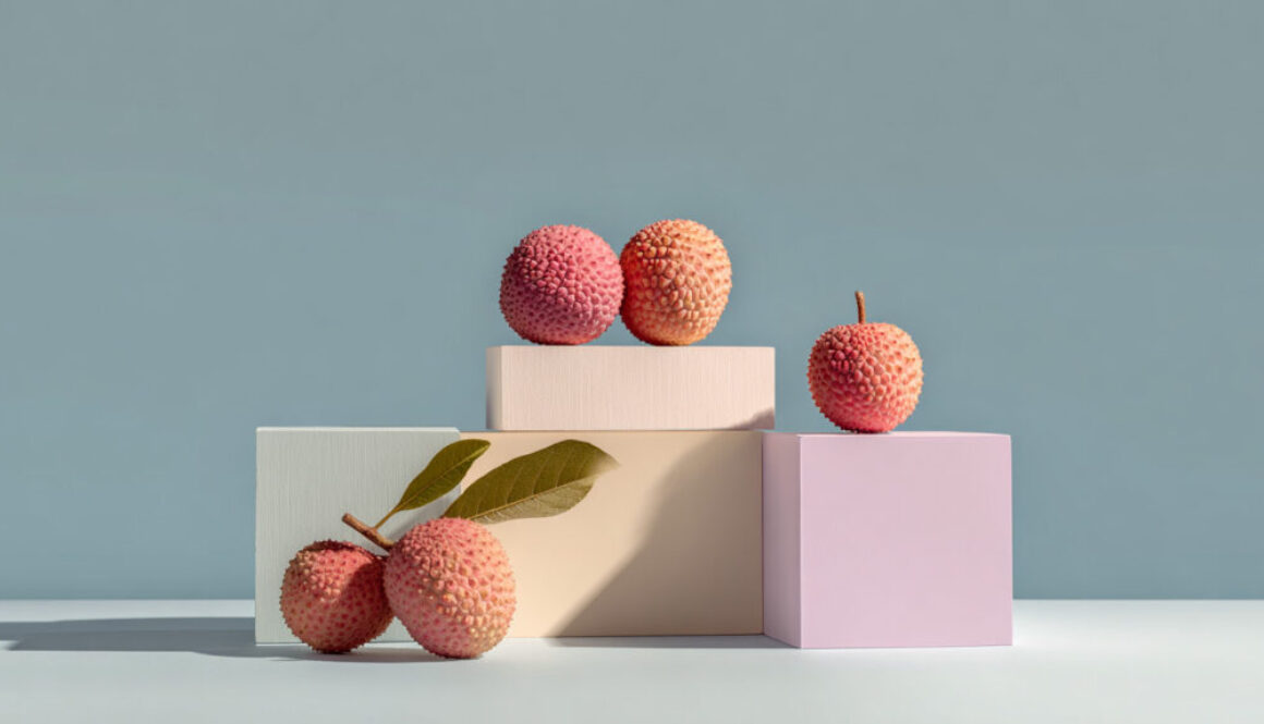 Minimal still life of ripe lychees on pastel geometric blocks with blue background in 16:9 format