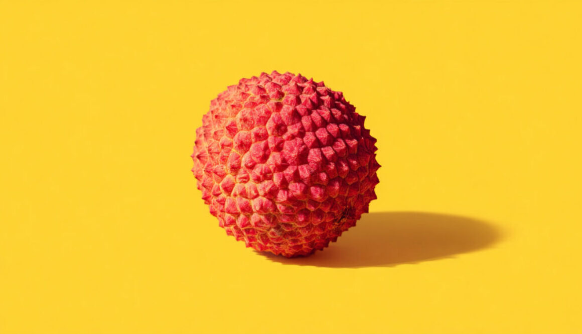 Close-up of a single lychee fruit on bright yellow background with soft shadow in 16:9 format